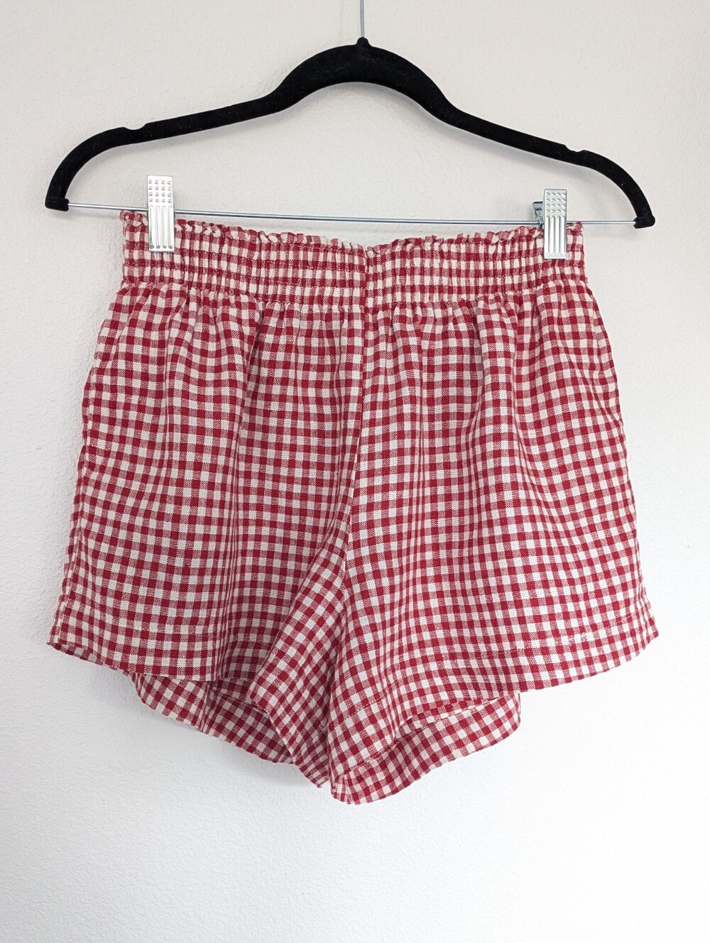Reformation Red & White Gingham High Rise Elastic-Waist Shorts